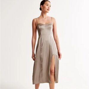 Abercrombie & Fitch Camille Satin Midi Dress Metallic Taupe